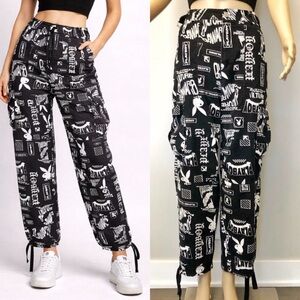PLAYBOY Y2K Logo Cargo Pockets Black & White High Rise Wide Leg Pants Trousers.
